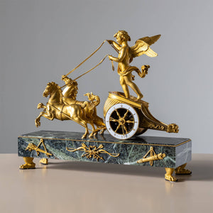 Empire Mantel Clock “au Char de l’Amour”, with Cupid and Chariot, signed Bourez à Paris, circa 1810