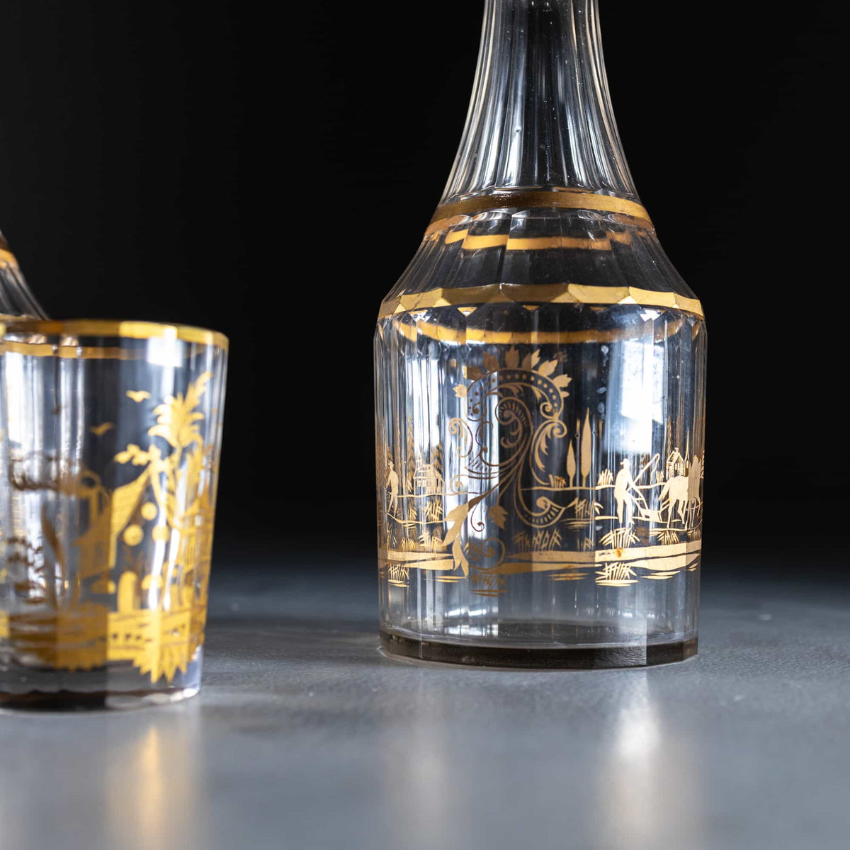 Pair of Bohemian Carafes with Drinking Glass