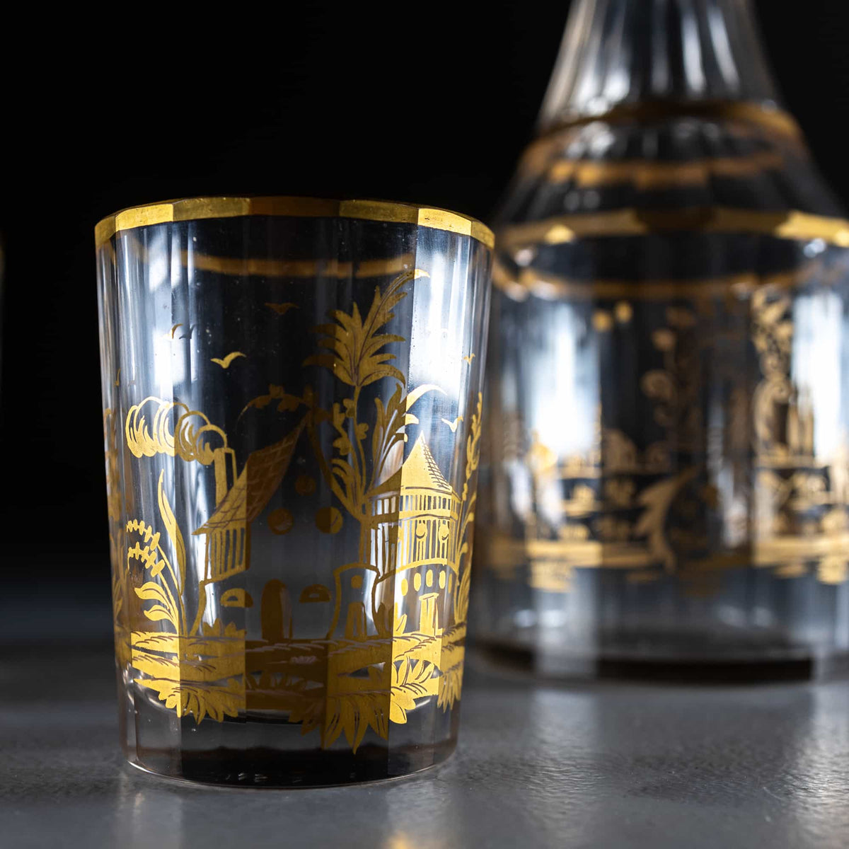 Pair of Bohemian Carafes with Drinking Glass
