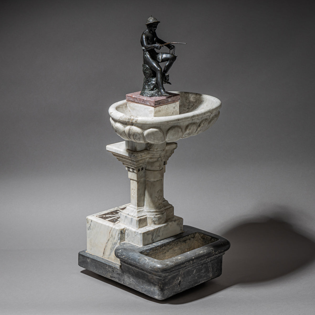 Marble Table Fountain with Fisherman of Pompeii Bronze, ca. 1820