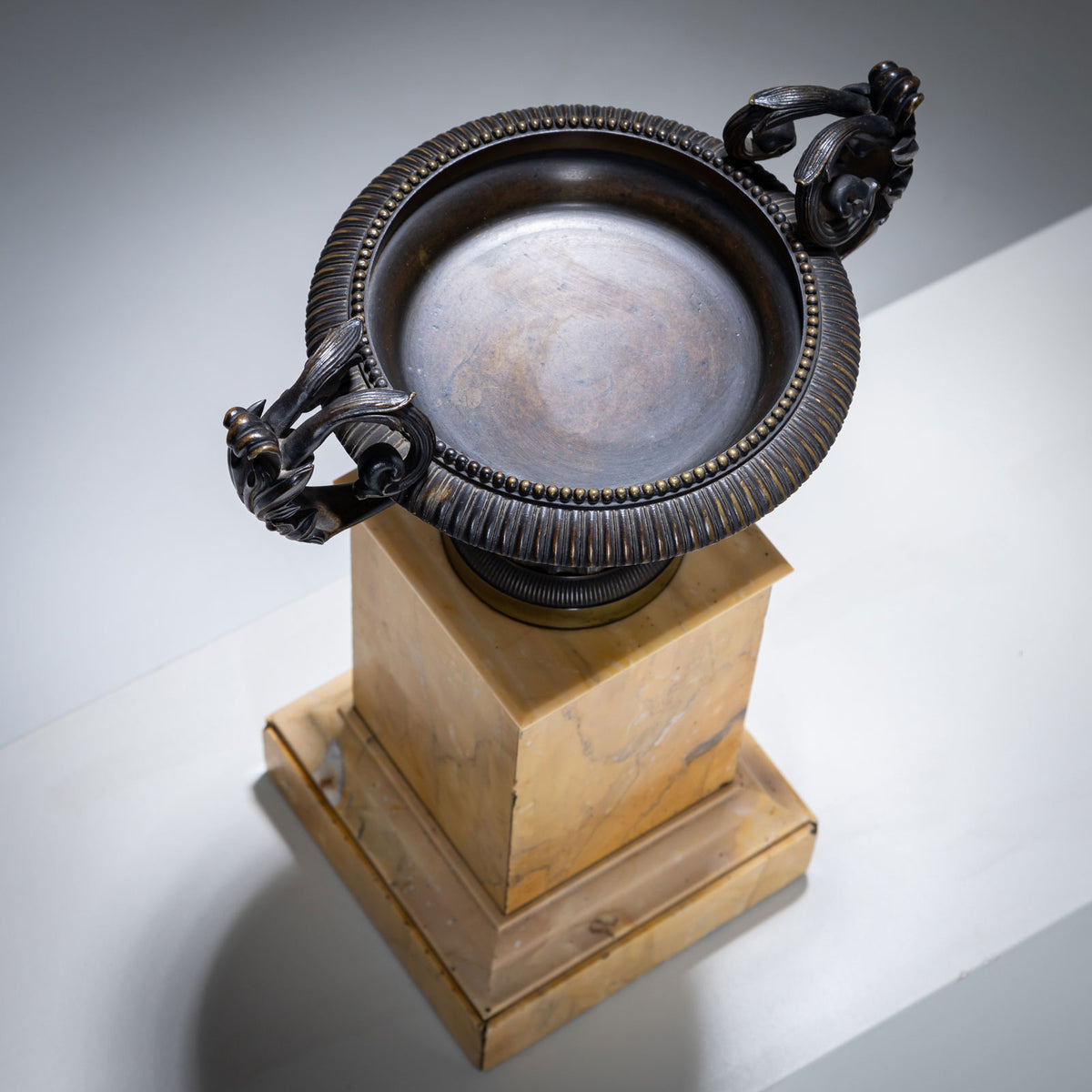 Pair of Bronze Tazzas on Siena Marble Pedestals