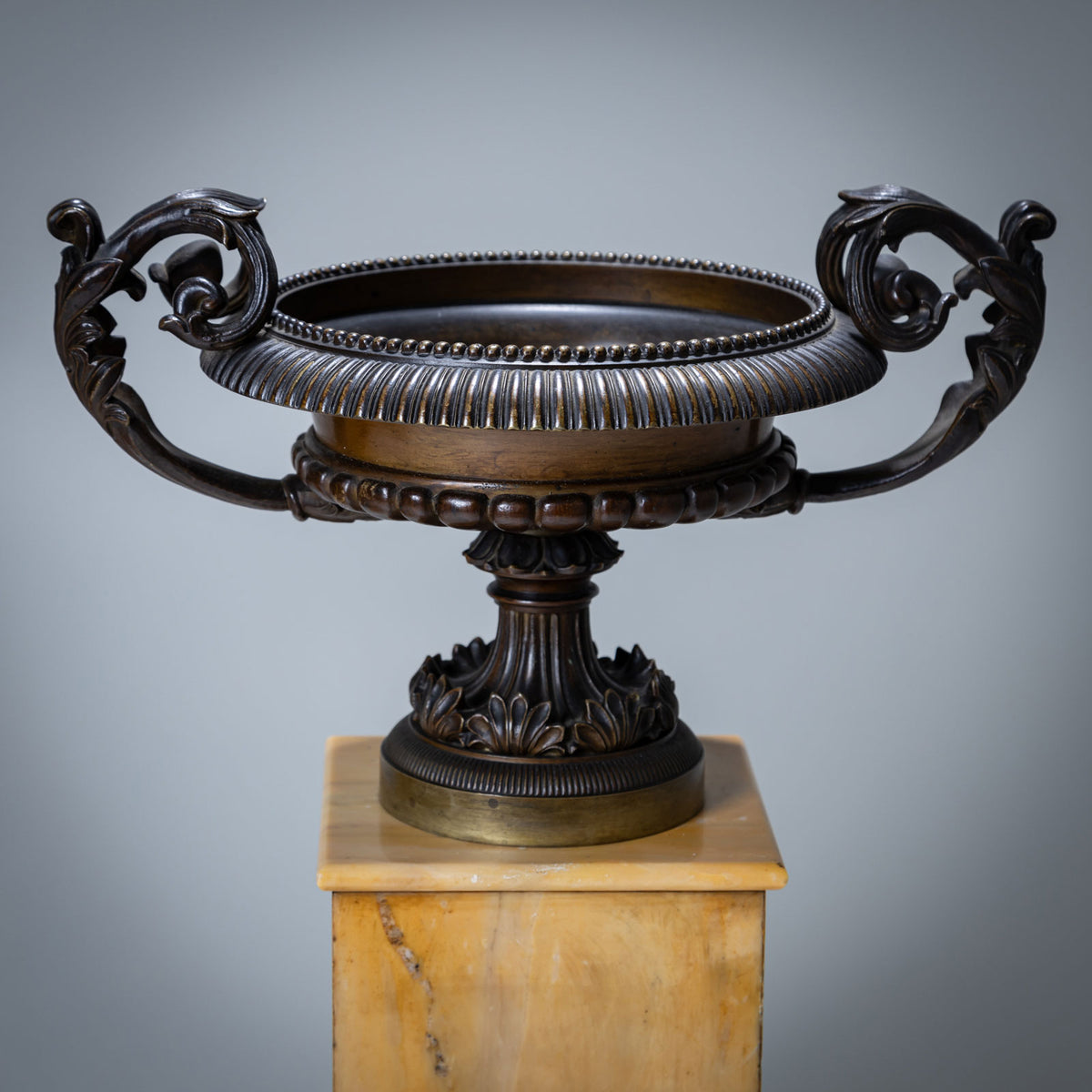 Pair of Bronze Tazzas on Siena Marble Pedestals