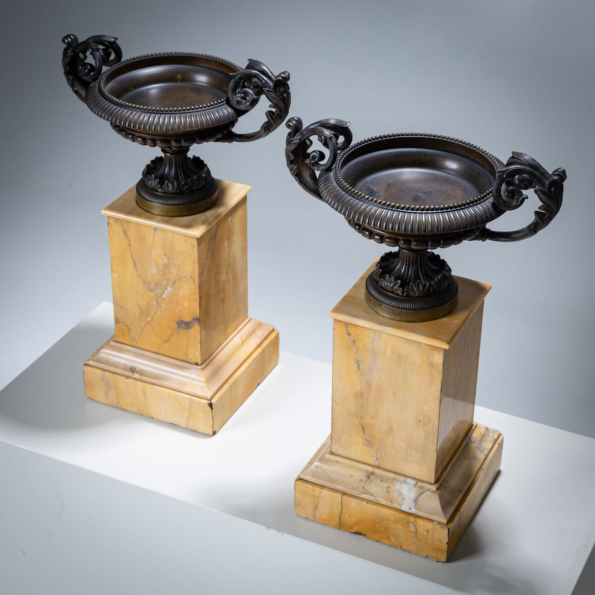 Pair of Bronze Tazzas on Siena Marble Pedestals