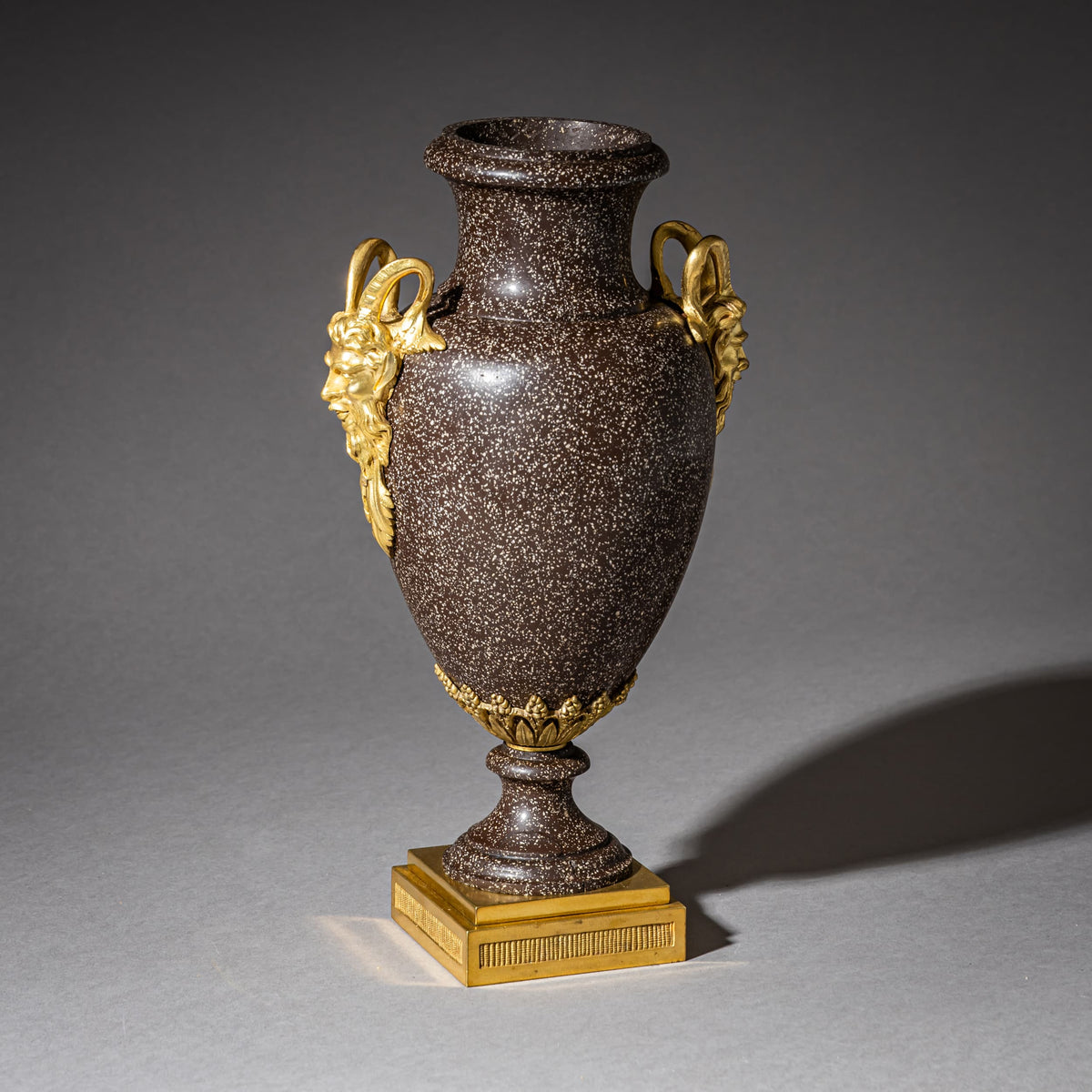 Pair of Porphyry Amphorae with Satyr Masks, possibly Sweden, 19th Century