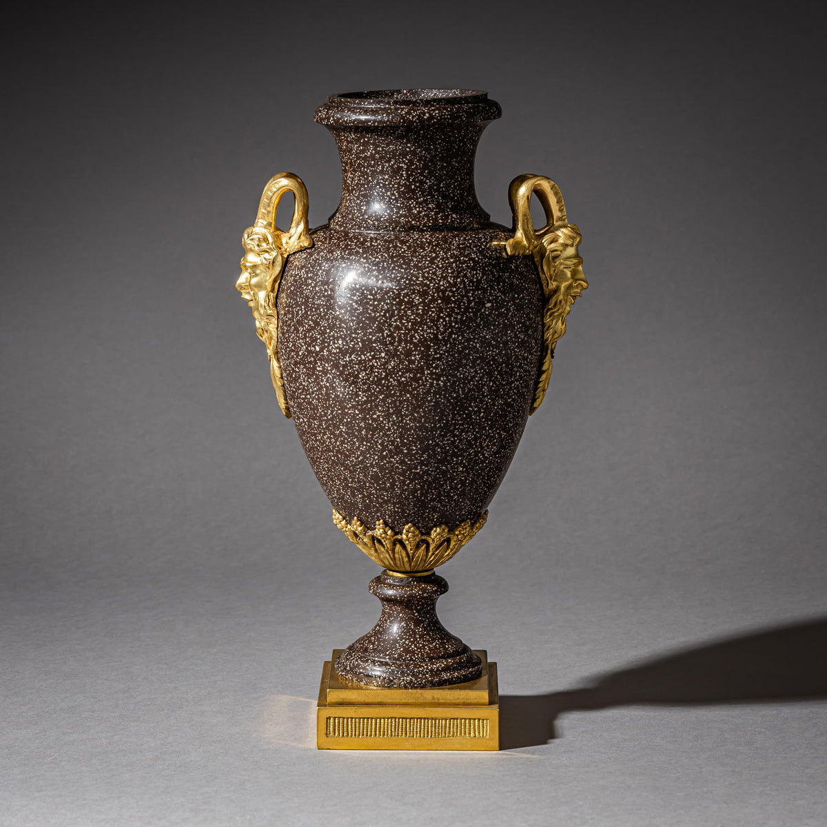Pair of Porphyry Amphorae with Satyr Masks, possibly Sweden, 19th Century