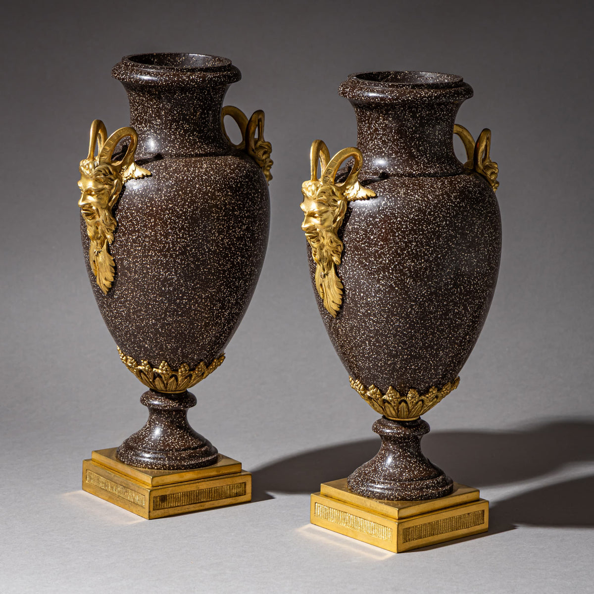 Pair of Porphyry Amphorae with Satyr Masks, possibly Sweden, 19th Century