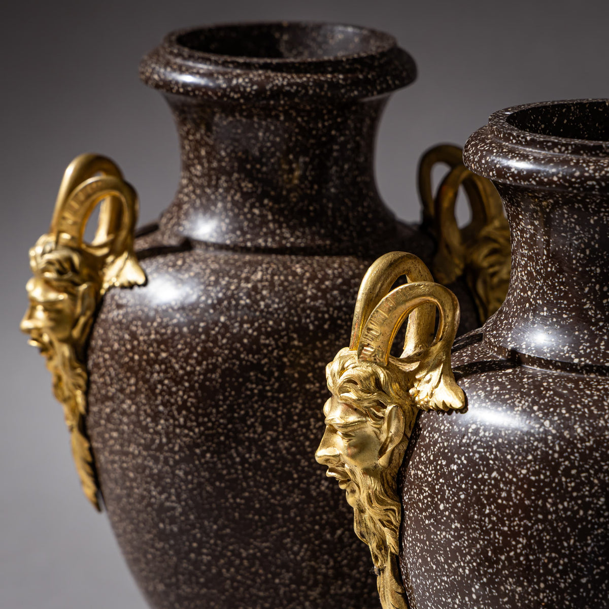 Pair of Porphyry Amphorae with Satyr Masks, possibly Sweden, 19th Century