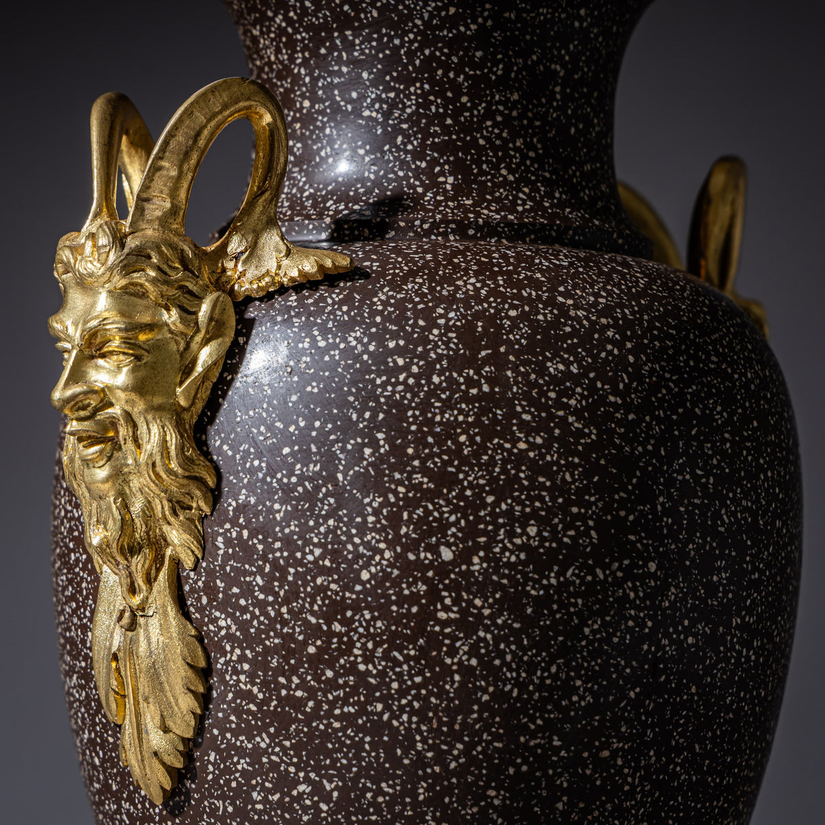 Pair of Porphyry Amphorae with Satyr Masks, possibly Sweden, 19th Century