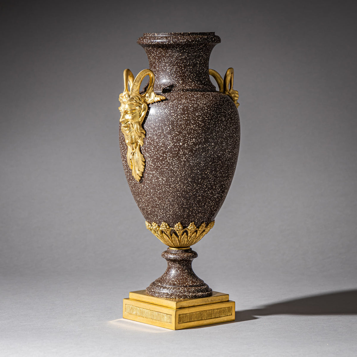 Pair of Porphyry Amphorae with Satyr Masks, possibly Sweden, 19th Century