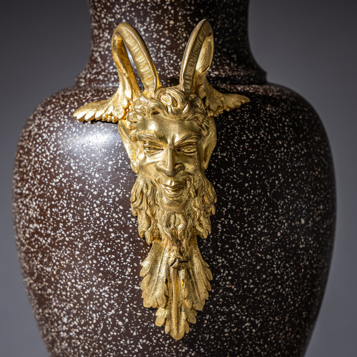 Pair of Porphyry Amphorae with Satyr Masks, possibly Sweden, 19th Century