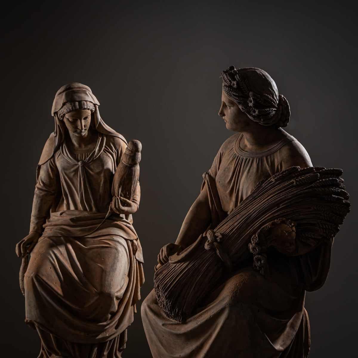 Sommer, Herbst und Winter – Terrakotta-Skulpturen, signiert und datiert Franz Melnitzky, 1855