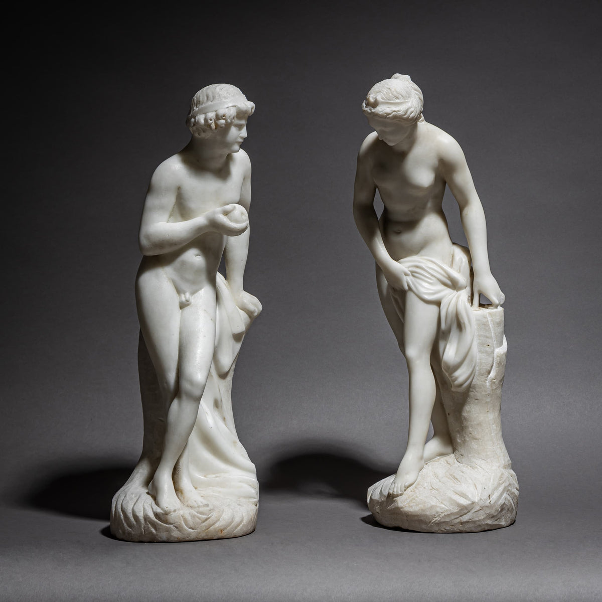 Paar Marmorskulpturen, Diana und Paris, um 1900