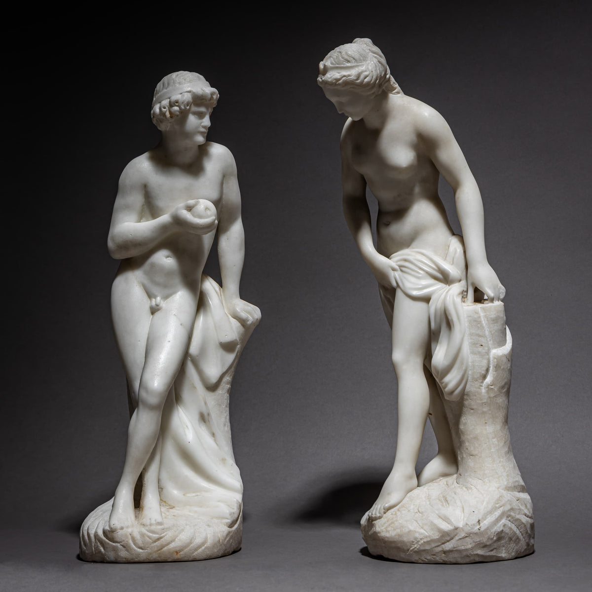 Paar Marmorskulpturen, Diana und Paris, um 1900