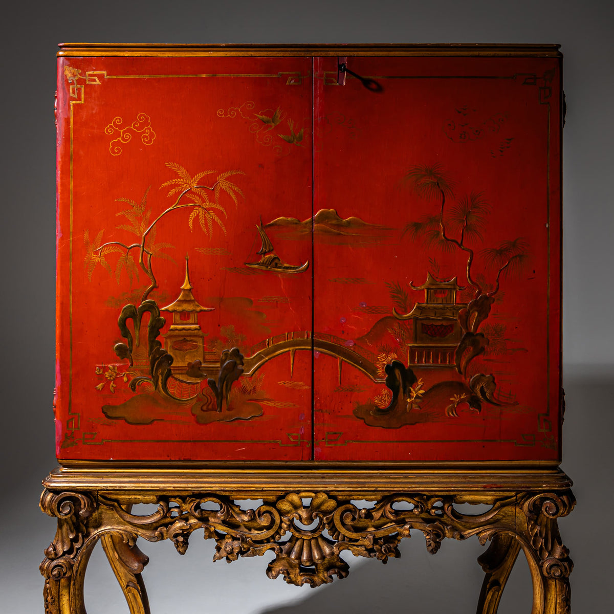 Red Chinoiserie Bar Cabinet in the Baroque Style, Italy, Mid-20th Century