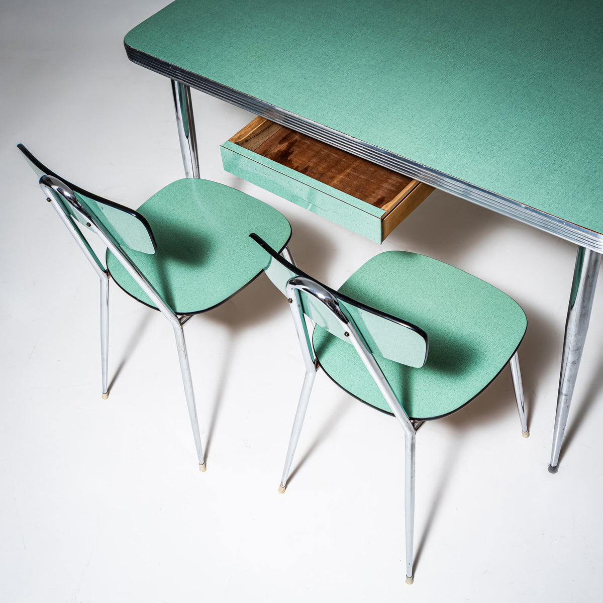 Türkise Formica-Essgruppe, Tisch mit vier Stühlen, Italien, 1960er/70er Jahre