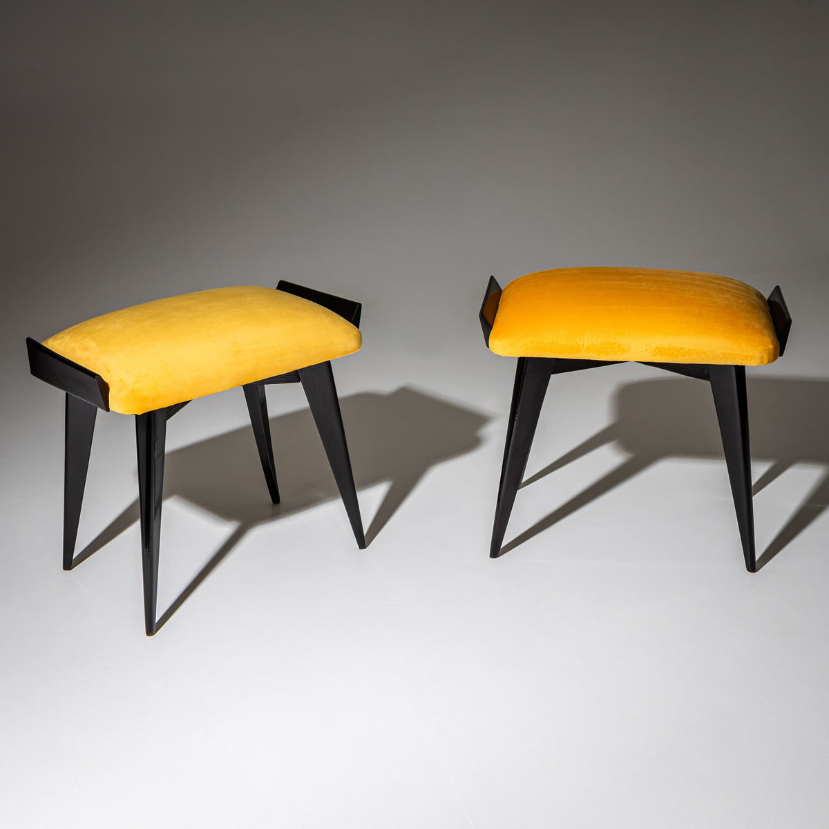Pair of Ebonized Stools with Yellow Upholstery, probably Italy, Mid-20th Century