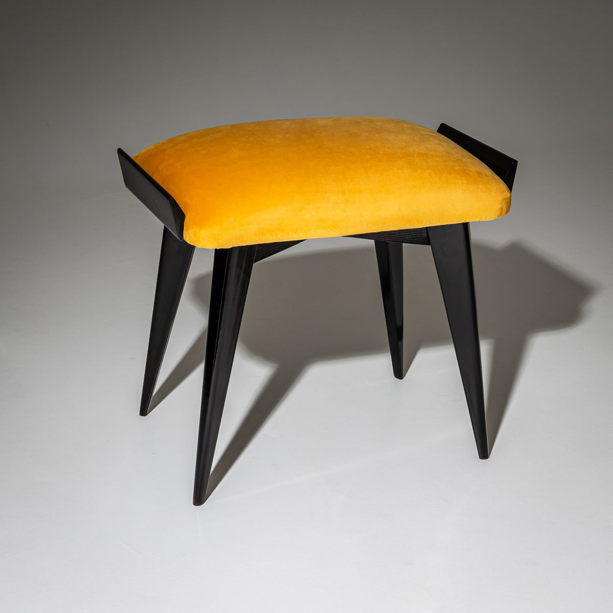 Pair of Ebonized Stools with Yellow Upholstery, probably Italy, Mid-20th Century