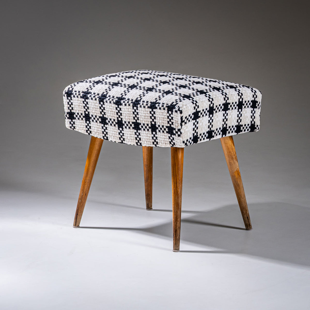 Mid-Century Design Stool with Checkered Upholstery