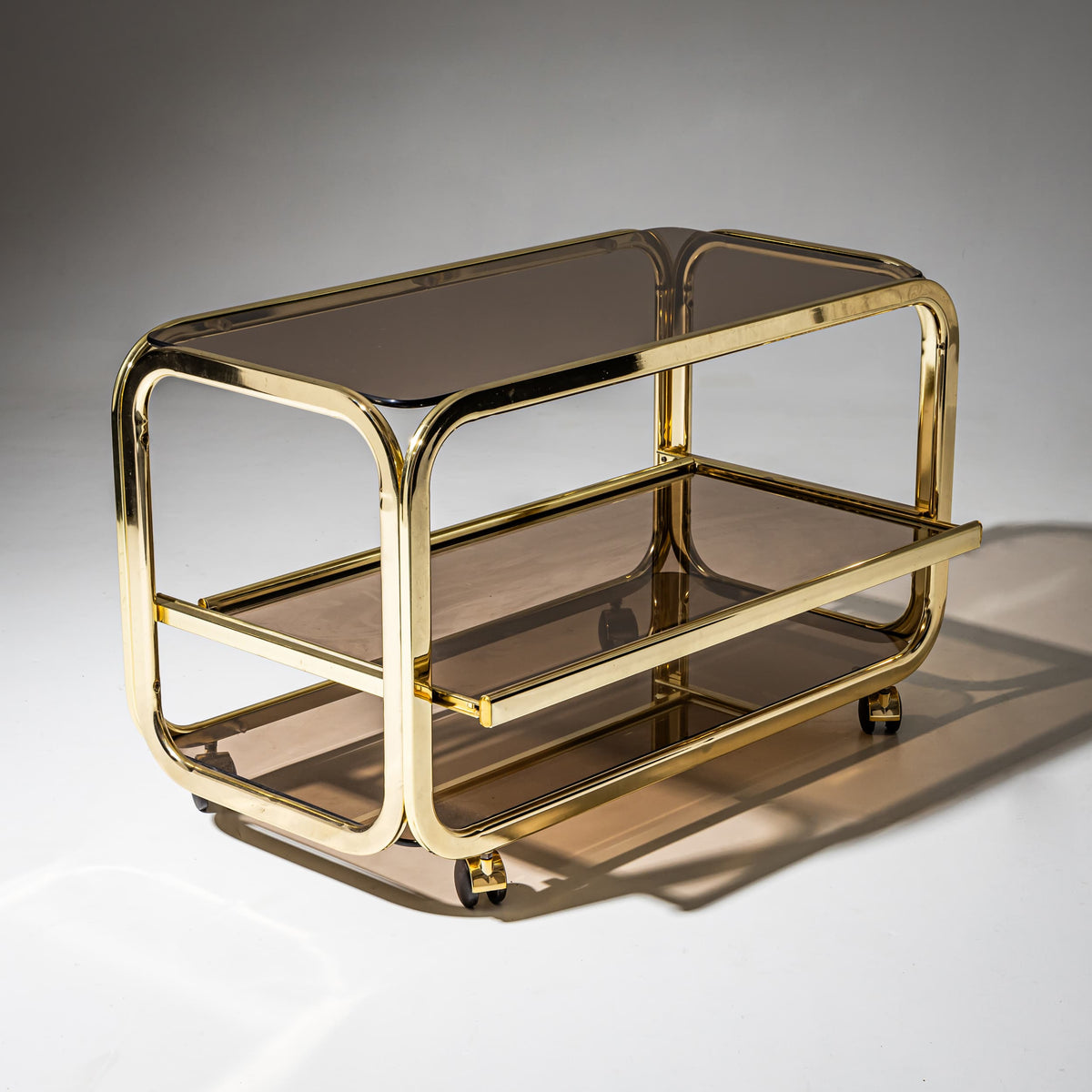 Vintage Barwagen aus Messing und Rauchglas, 1980er Jahre