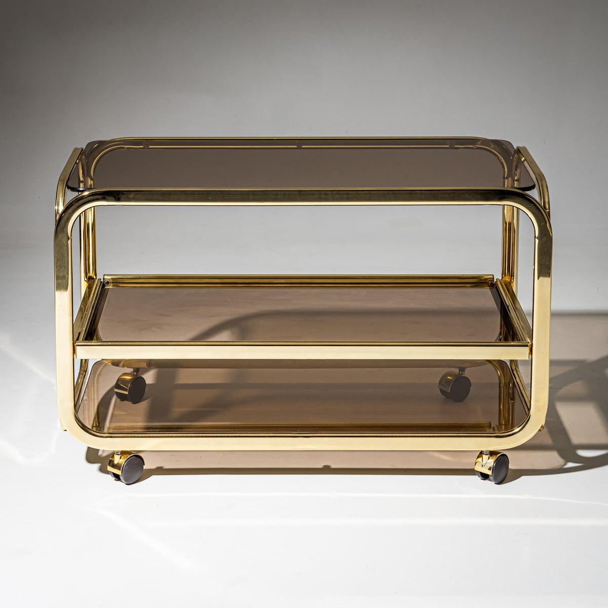 Vintage Barwagen aus Messing und Rauchglas, 1980er Jahre