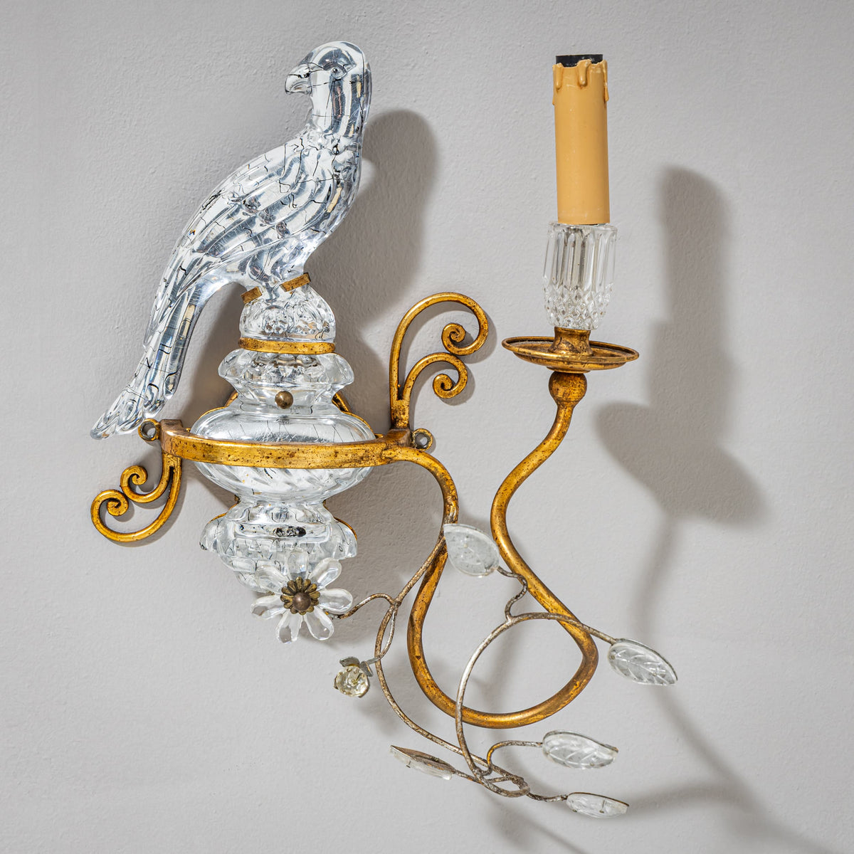 Paar Wandappliken mit Glasvögeln, Maison Baguès zugeschrieben, Frankreich, 1970er Jahre