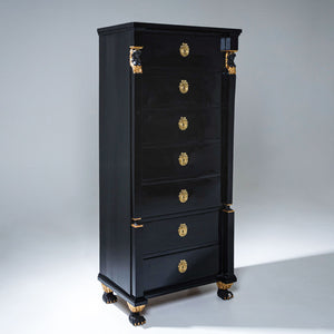 Empire Tall Chest of Drawers with Gilded Caryatids and Paw Feet, France circa 1810