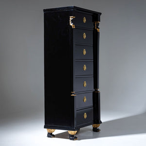 Empire Tall Chest of Drawers with Gilded Caryatids and Paw Feet, France circa 1810