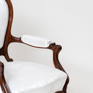 Pair of Louis Philippe Armchairs, White Satin-sheen Fabric, 19th Century