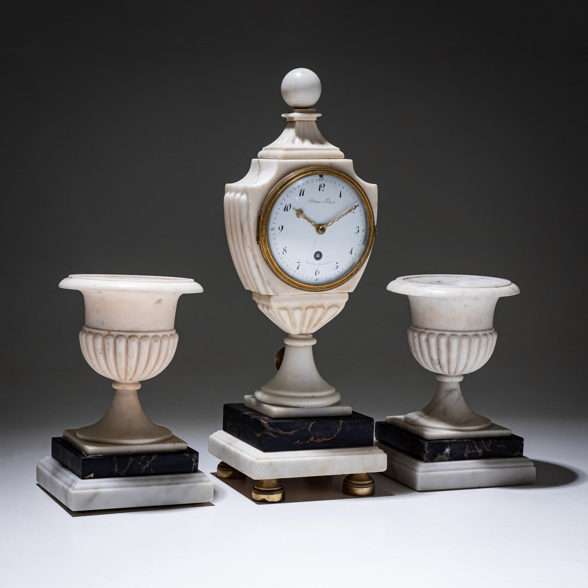 Marble Mantel Clock with Matching Vases, circa 1830