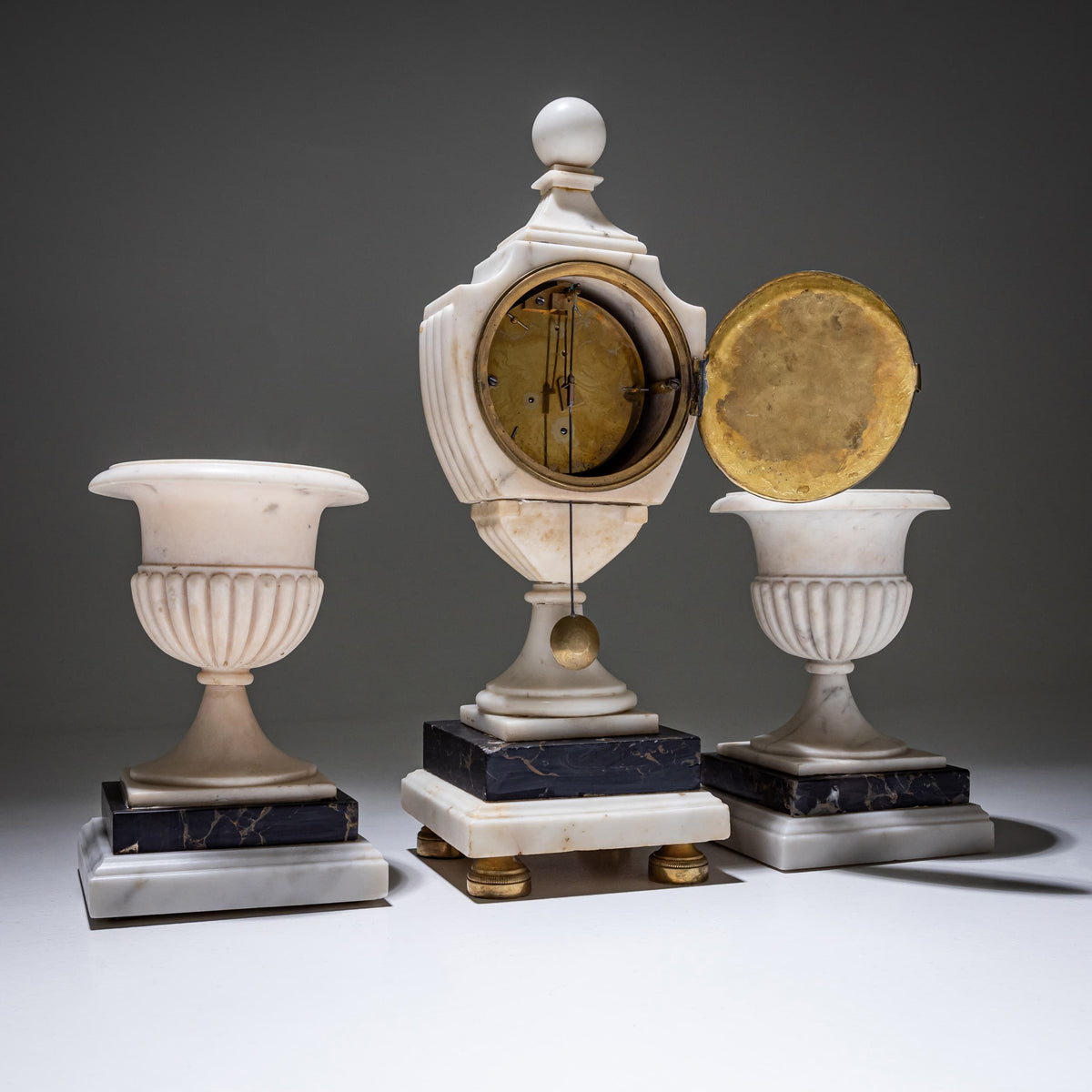 Marble Mantel Clock with Matching Vases, circa 1830