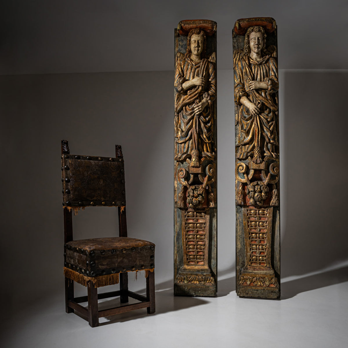 Pair of Painted Pilaster Angels, probably Italy, 17th Century