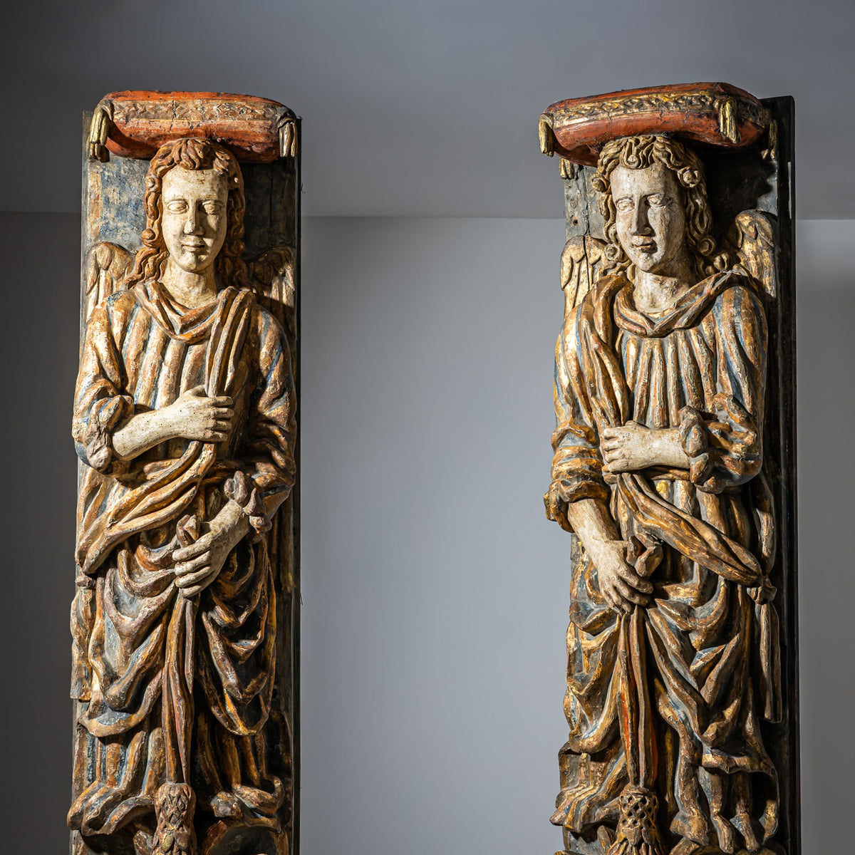 Pair of Painted Pilaster Angels, probably Italy, 17th Century
