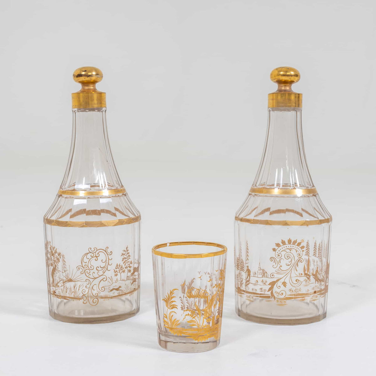 Pair of Bohemian Carafes with Drinking Glass