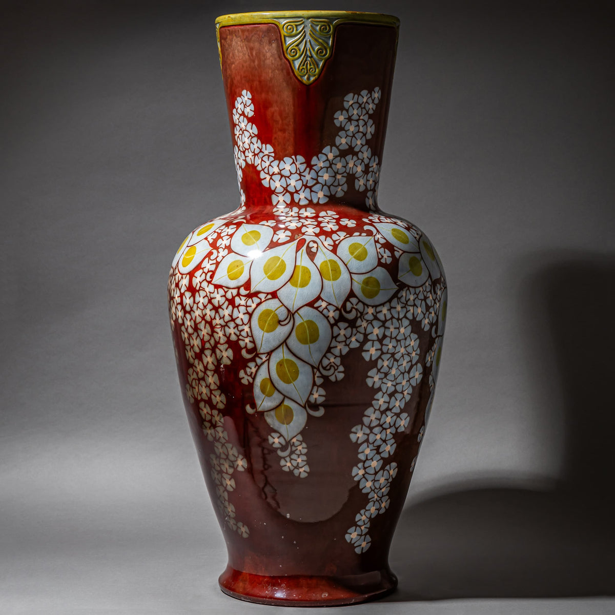Large Red Vase with Floral Decoration, Zsolnay Ceramics, Hungary, early 20th Century