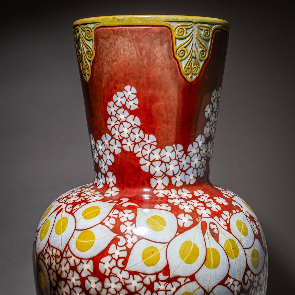 Large Red Vase with Floral Decoration, Zsolnay Ceramics, Hungary, early 20th Century