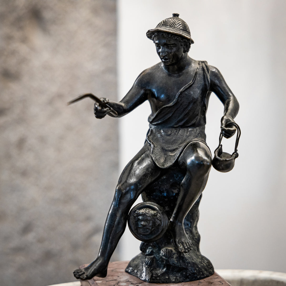 Marble Table Fountain with Fisherman of Pompeii Bronze, ca. 1820
