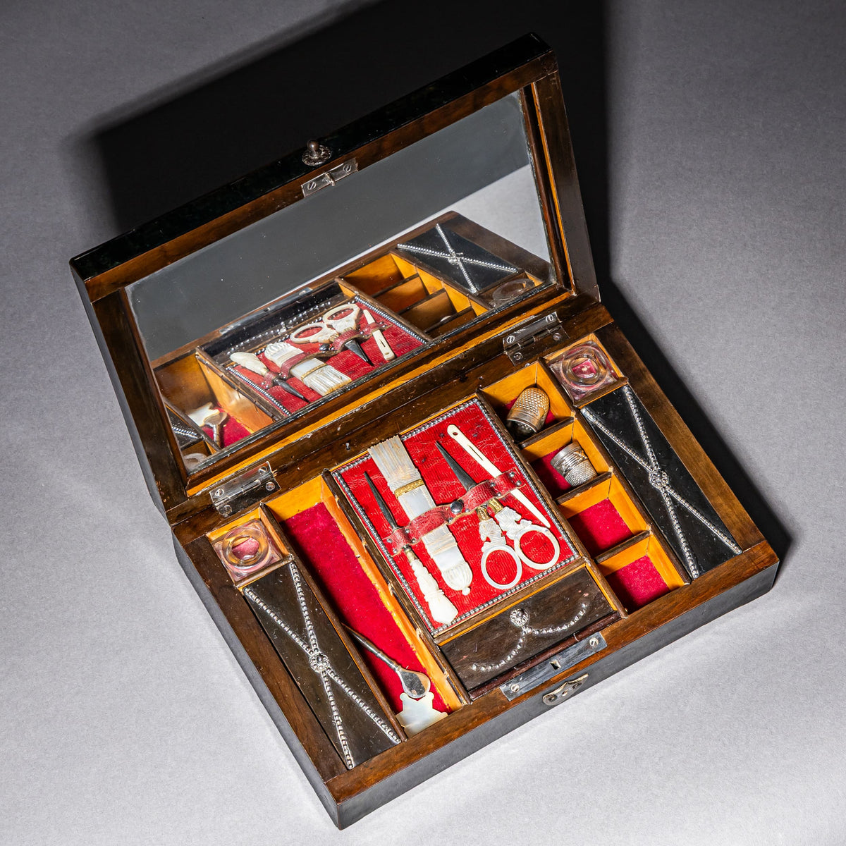 Sewing box with steel-cut decoration, 19th century