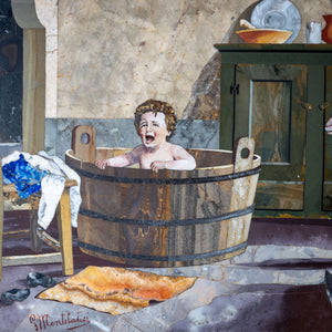 Giovanni Montelatici (Italien, 1864-1930), Pietra Dura Artwork of a Toddler in a Bathtub