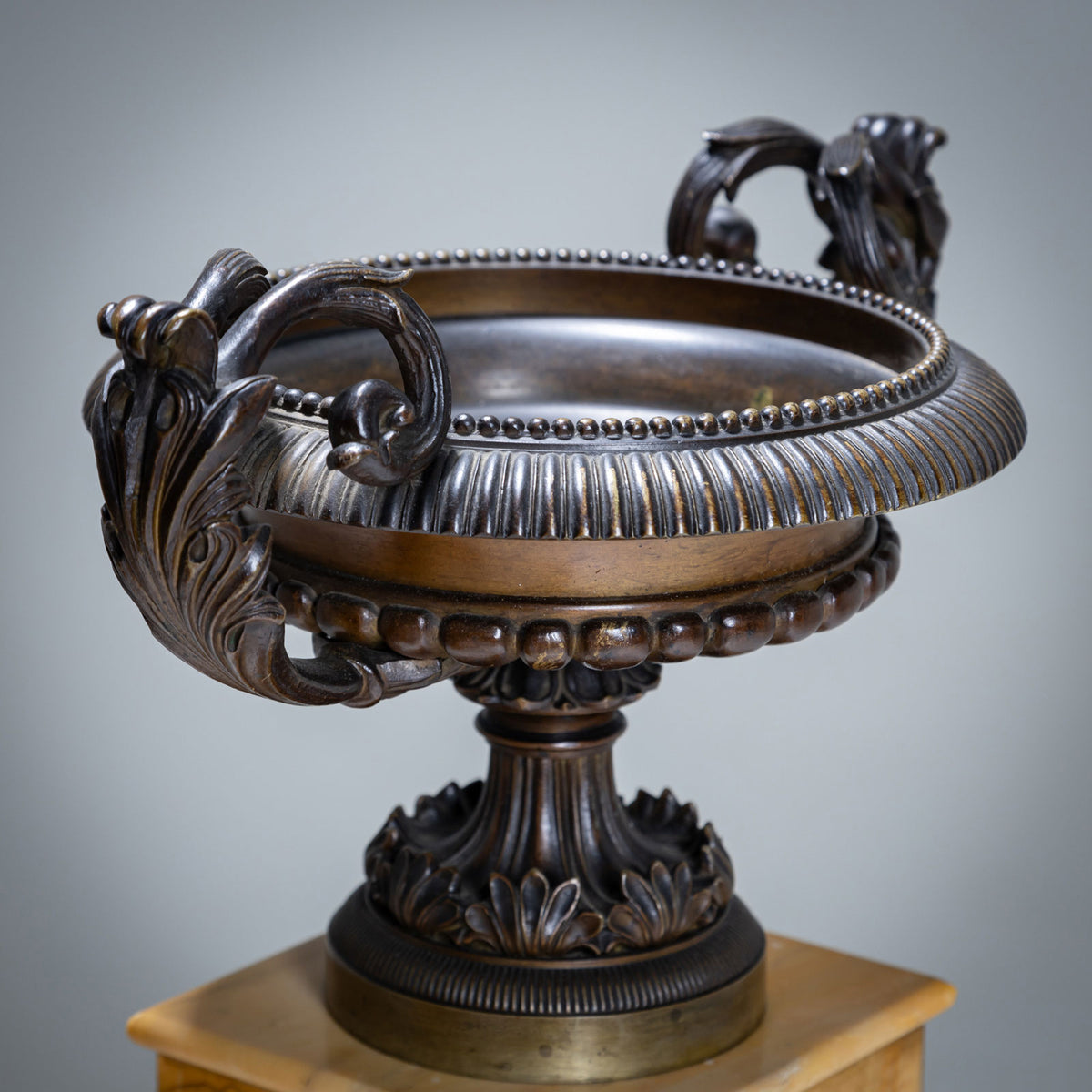 Pair of Bronze Tazzas on Siena Marble Pedestals