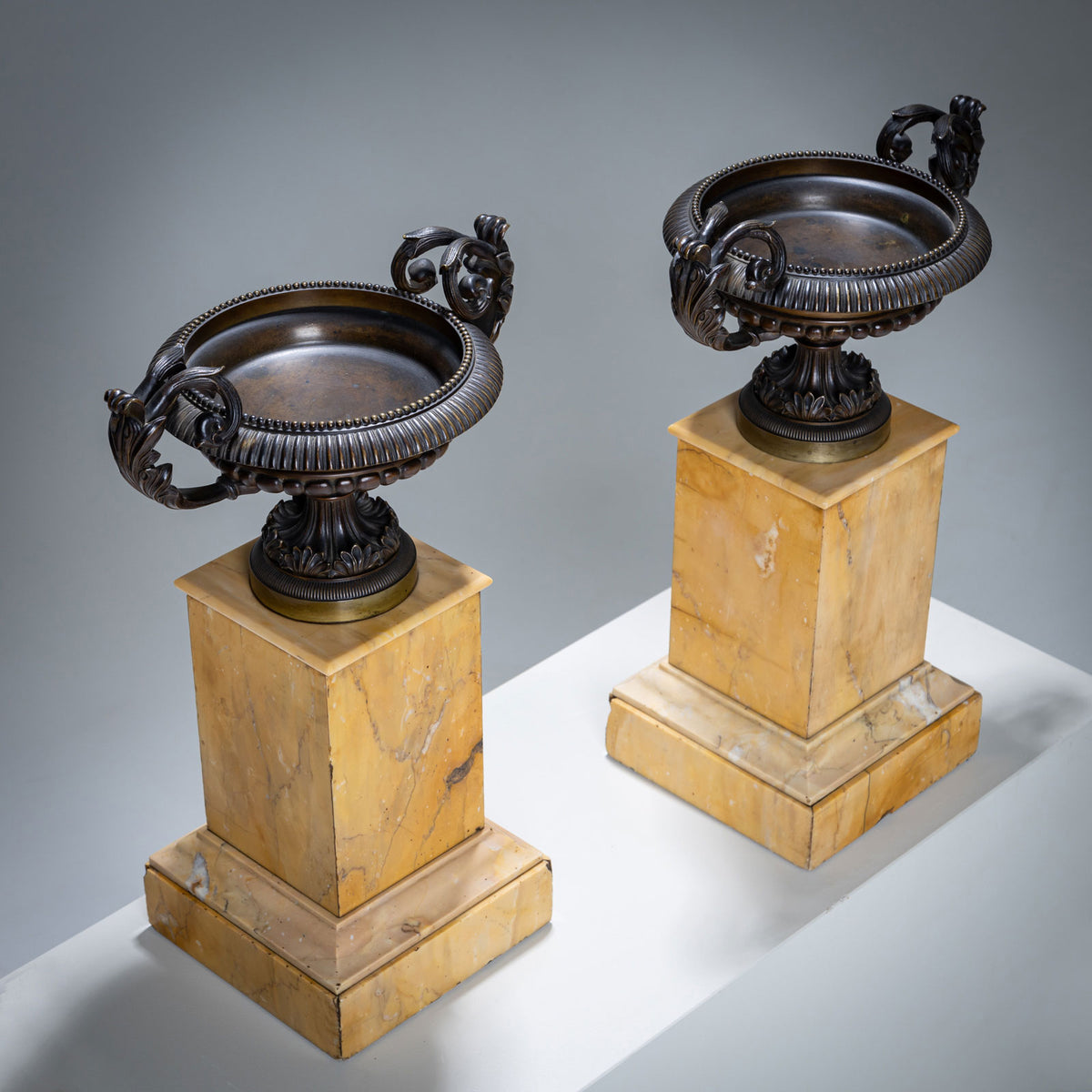 Pair of Bronze Tazzas on Siena Marble Pedestals