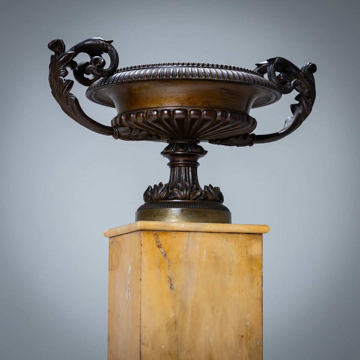Pair of Bronze Tazzas on Siena Marble Pedestals