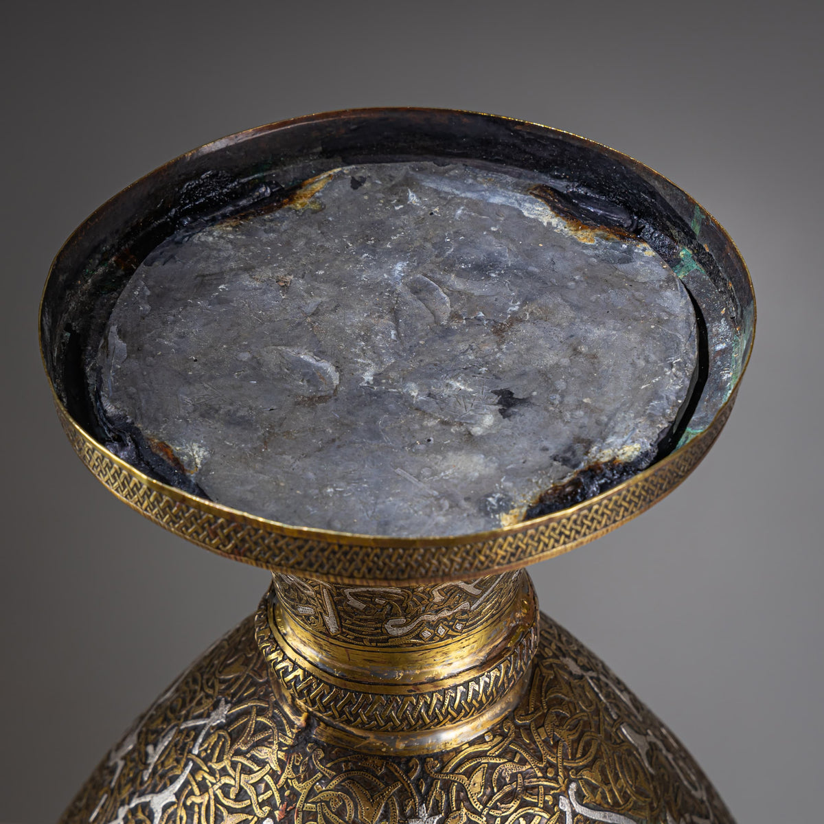 Islamic Brass Vase with Silver Inlays