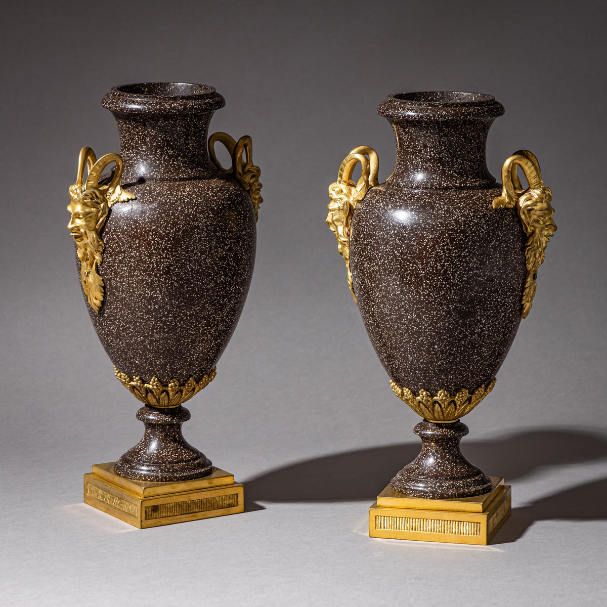 Pair of Porphyry Amphorae with Satyr Masks, possibly Sweden, 19th Century
