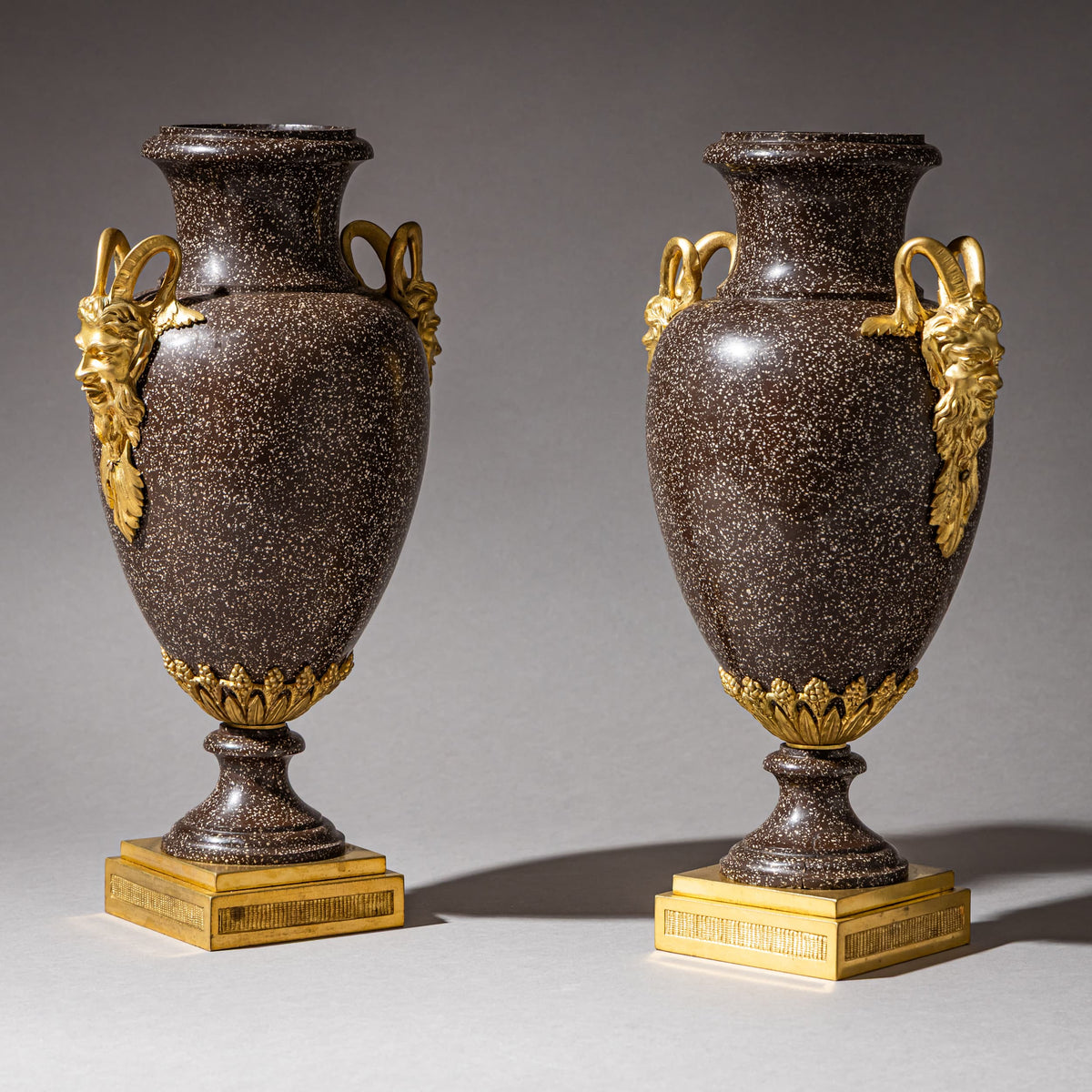Pair of Porphyry Amphorae with Satyr Masks, possibly Sweden, 19th Century