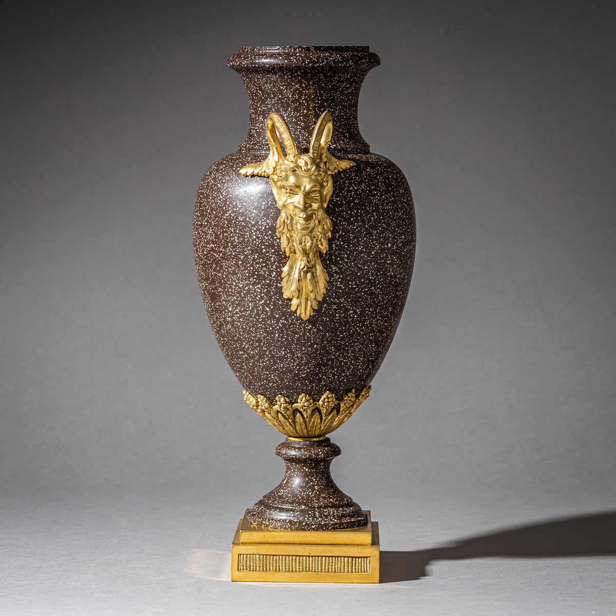 Pair of Porphyry Amphorae with Satyr Masks, possibly Sweden, 19th Century