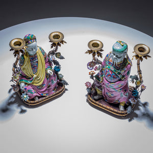 Pair of Candelabras with Chinoiserie Figures, Famille Rose Style, circa 1900