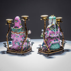 Pair of Candelabras with Chinoiserie Figures, Famille Rose Style, circa 1900