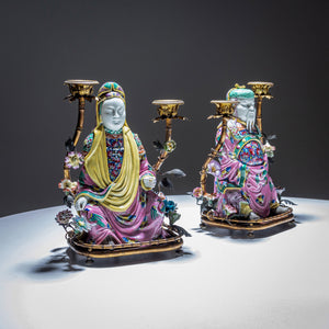 Pair of Candelabras with Chinoiserie Figures, Famille Rose Style, circa 1900