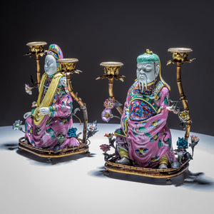 Pair of Candelabras with Chinoiserie Figures, Famille Rose Style, circa 1900