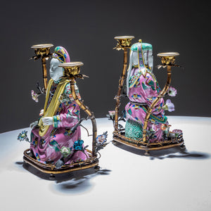 Pair of Candelabras with Chinoiserie Figures, Famille Rose Style, circa 1900